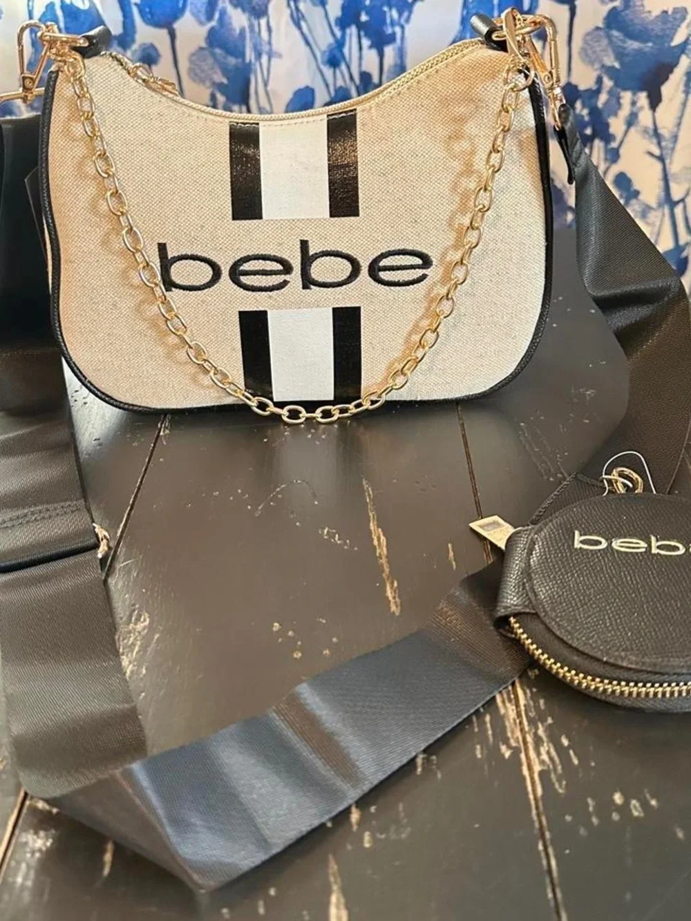 bebe Cream and Black Logo Shoulder Bag with Gold Chain and FREE COIN POUCH